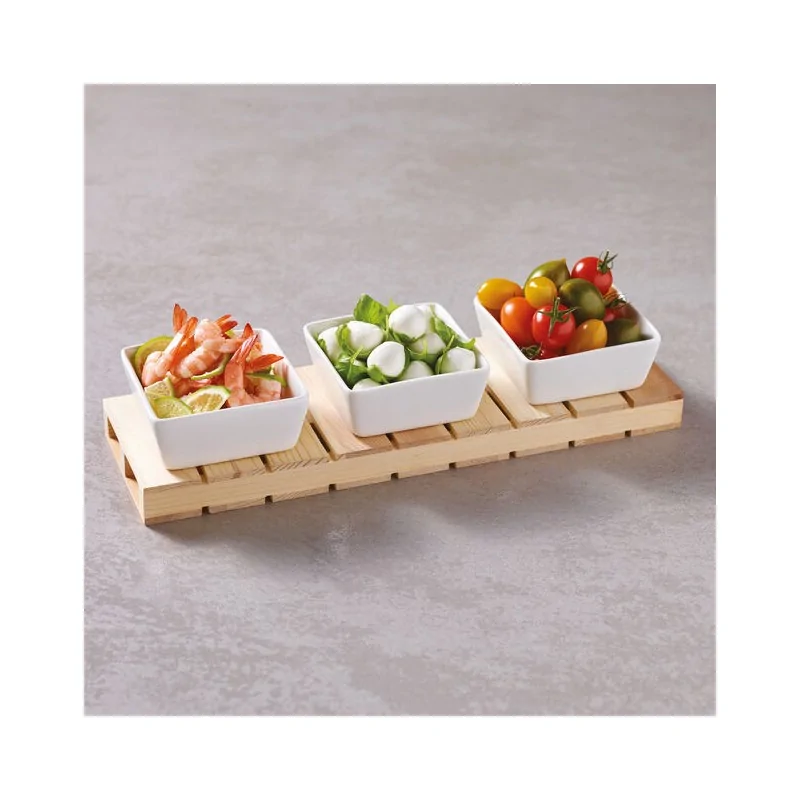 Square Bowl Set with Wood Base - 5 oz - 13¾” x 4⅜” x ⅞”