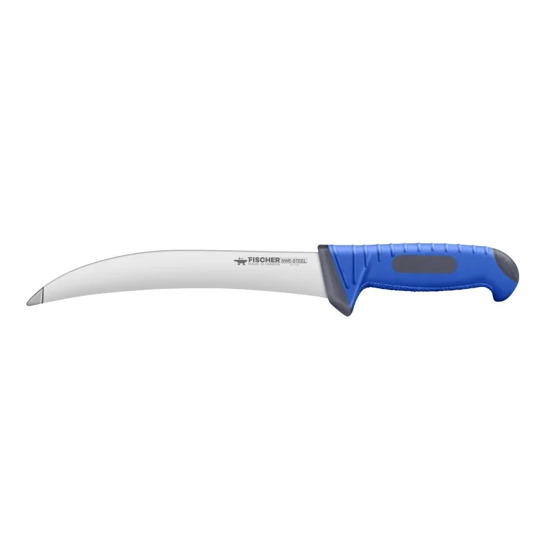 FISCHER SANDVIK Curved 20 cm - "No Tip" Knife For Leather Or Tripe - Blue Handle FISCHER SANDVIK Curved 20 cm - "No Tip" Knife For Leather Or Tripe - Blue Handle