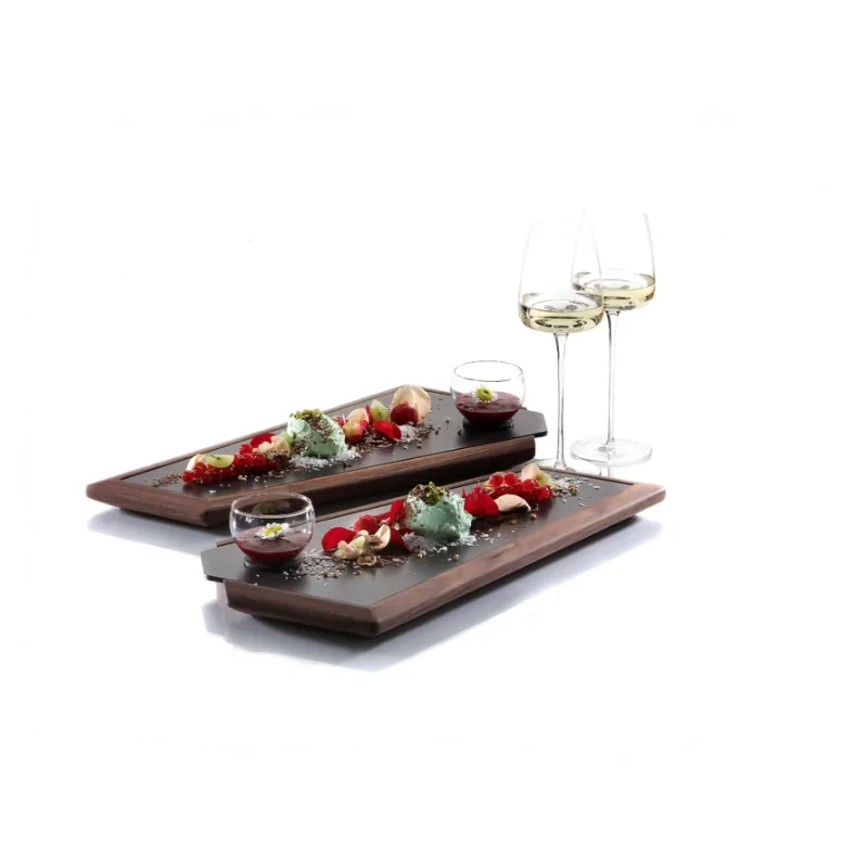 Elegant Walnut Solid Wood Tray with Ceramic Insert - Finish - 46.5 x 23 x 3 cm