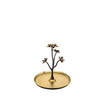 Elegant Fleur Décor Brass Platter - Antique Golden Finish - Diam. 22 cm - Ht 24 cm