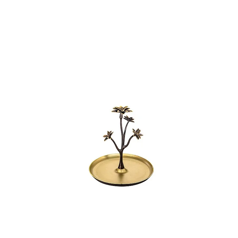 Elegant Fleur Décor Brass Platter - Antique Golden Finish - Diam. 22 cm - Ht 24 cm