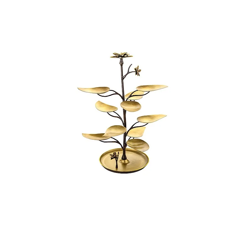 Elegant Fleur Etagere - Brass with Golden/Antique Finish - Features 10 Miniature Plates- Diam. 40 cm Ht 48 cm