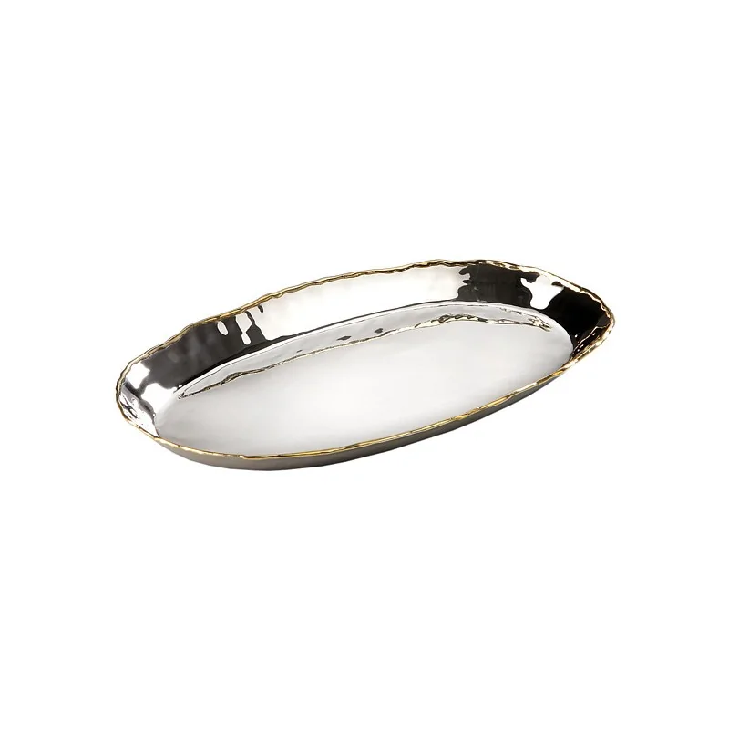 Elegant Artisan Oval Tray - 18/10 Stainless Steel - Hammered Finish - Brass Accents - 24.5 x 15 cm