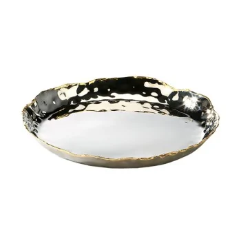 Elegant Artisan Tray - 18/10 Stainless Steel - Hammered Finish - Brass Accents - Diam. 23 cm