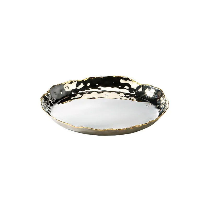 Elegant Artisan Tray - 18/10 Stainless Steel - Hammered Finish - Brass Accents - Diam. 23 cm