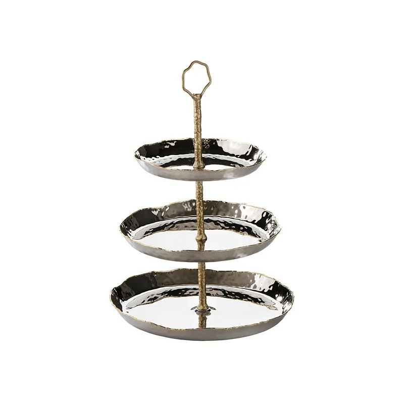 Elegant Artisan Stainless Steel Etagere Hammered Finish - Brass Accents - Diam. 33 cm Ht 45 cm