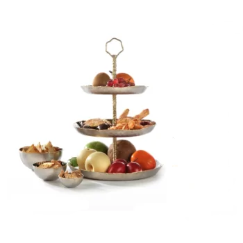Elegant Artisan Stainless Steel Etagere Hammered Finish - Brass Accents - Diam. 33 cm Ht 45 cm