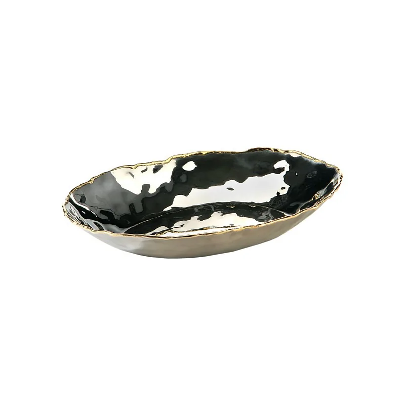Elegant Artisan Stainless Steel Bowl Hammered Finish - Brass Accents - 22 x 15 x 3.5 cm