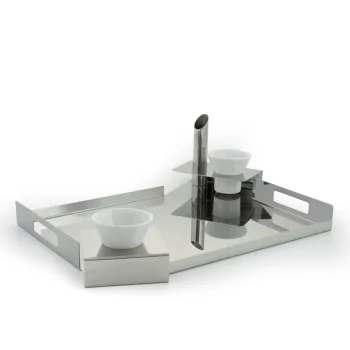 Polished Tray 18/10 Stainless Steel With 2 Ceramic Cups - 52 x 43 cm H: 5 cm