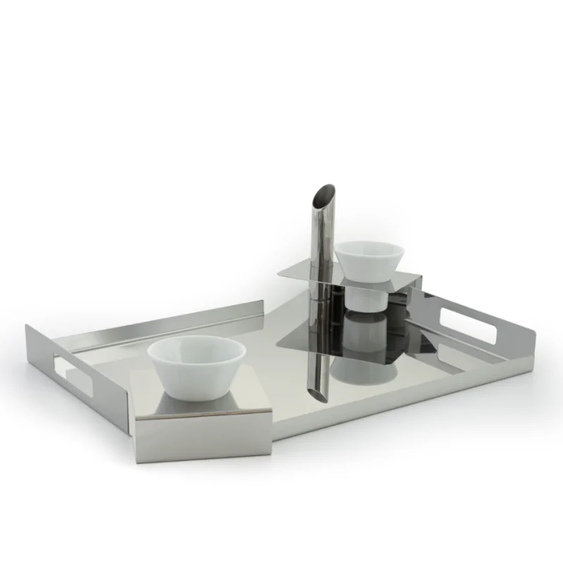 Polished Tray 18/10 Stainless Steel With 2 Ceramic Cups - 52 x 43 cm H: 5 cm