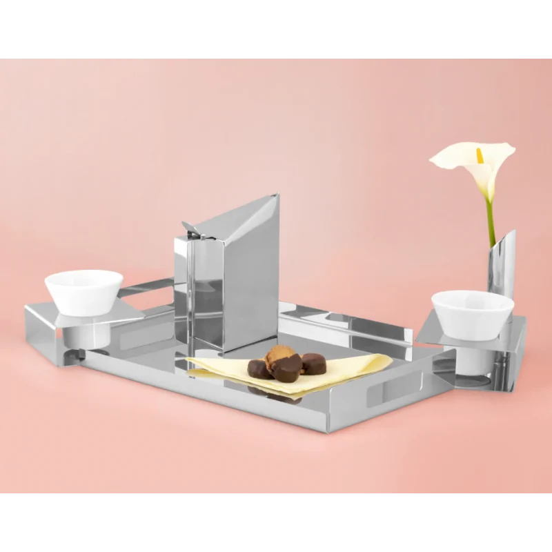 Polished Tray 18/10 Stainless Steel With 2 Ceramic Cups - 52 x 43 cm H: 5 cm