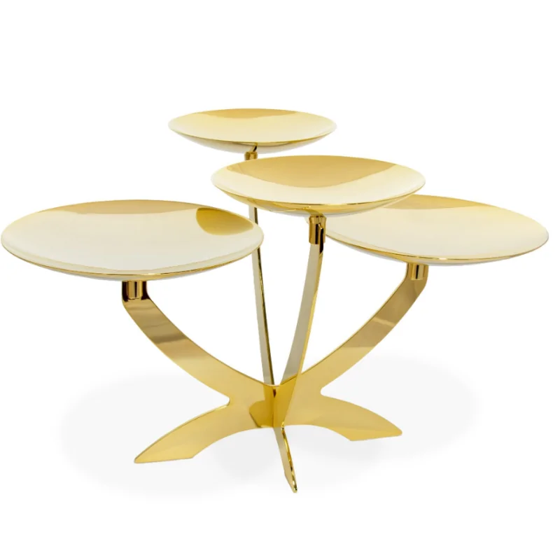 Gold Plated Stand With 4 Curved Plated (2 Dia: 20 cm - 2 Dia: 14 cm) - 45 x 35 cm H: 28 cm Gold Plated Stand With 4 Curved Plated (2 Dia: 20 cm - 2 Dia: 14 cm) - 45 x 35 cm H: 28 cm