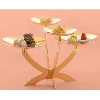 Gold Plated Stand With 4 Curved Plated (2 Dia: 20 cm - 2 Dia: 14 cm) - 45 x 35 cm H: 28 cm
