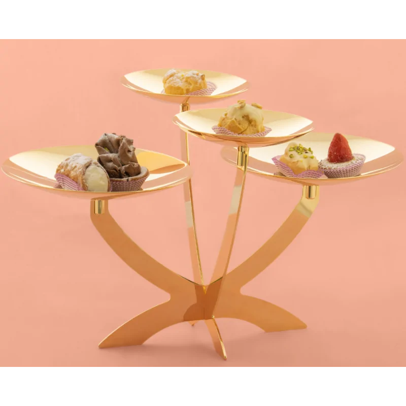 Gold Plated Stand With 4 Curved Plated (2 Dia: 20 cm - 2 Dia: 14 cm) - 45 x 35 cm H: 28 cm Gold Plated Stand With 4 Curved Plated (2 Dia: 20 cm - 2 Dia: 14 cm) - 45 x 35 cm H: 28 cm