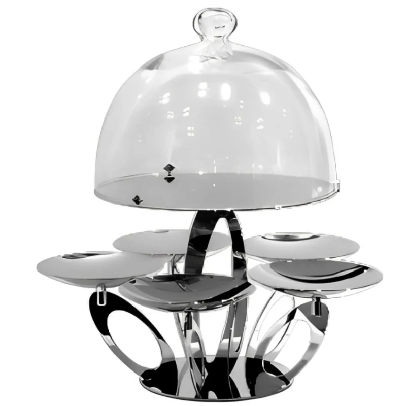 Polished Stand With 5 Cups - Dia: 14 cm and Plate With Glass Dome - Dia: 28 cm - Dia: 40 cm H: 44 cm Polished Stand With 5 Cups - Dia: 14 cm and Plate With Glass Dome - Dia: 28 cm - Dia: 40 cm H: 44 cm