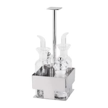 Polished Condiment Set With Glass Cruets and Plexiglass Salt and Pepper - 9.5 x 9.5 cm H: 24 cm