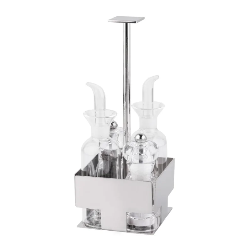 Polished Condiment Set With Glass Cruets and Plexiglass Salt and Pepper - 9.5 x 9.5 cm H: 24 cm