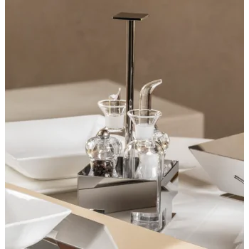Polished Condiment Set With Glass Cruets and Plexiglass Salt and Pepper - 9.5 x 9.5 cm H: 24 cm