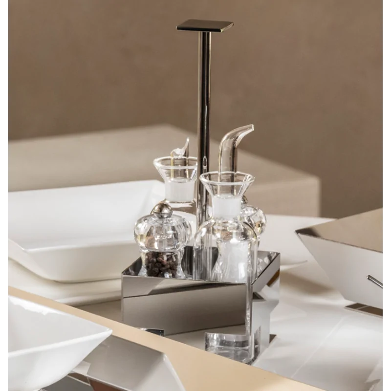 Polished Condiment Set With Glass Cruets and Plexiglass Salt and Pepper - 9.5 x 9.5 cm H: 24 cm
