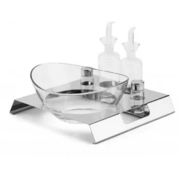 Polished Salad Tray With Glass Cruets and Bowl and Plexiglass Salt and Pepper - 30 x 30 cm H: 4 cm