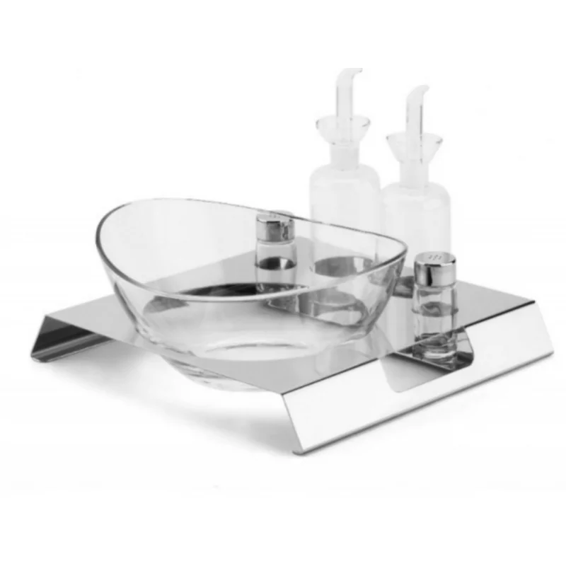 Polished Salad Tray With Glass Cruets and Bowl and Plexiglass Salt and Pepper - 30 x 30 cm H: 4 cm Polished Salad Tray With Glass Cruets and Bowl and Plexiglass Salt and Pepper - 30 x 30 cm H: 4 cm