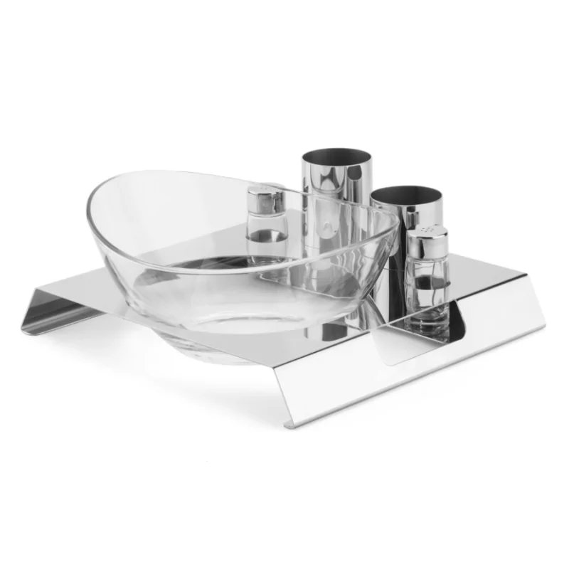 Polished Salad Tray With Glass Bowl, Steel Holders and Plexiglass Salt and Pepper - 30 x 30 cm H: 4 cm Polished Salad Tray With Glass Bowl, Steel Holders and Plexiglass Salt and Pepper - 30 x 30 cm H: 4 cm