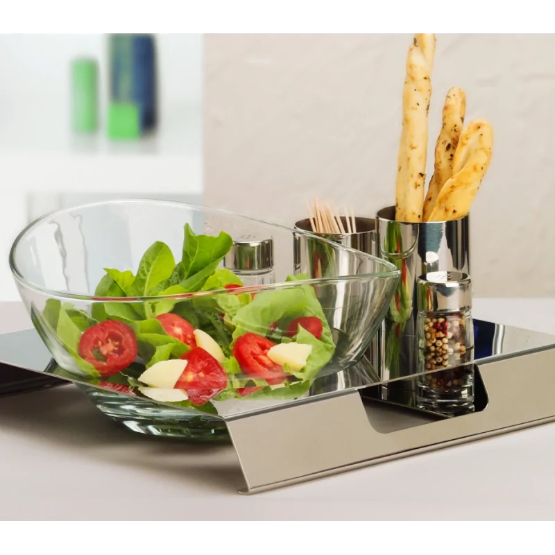 Polished Salad Tray With Glass Bowl, Steel Holders and Plexiglass Salt and Pepper - 30 x 30 cm H: 4 cm Polished Salad Tray With Glass Bowl, Steel Holders and Plexiglass Salt and Pepper - 30 x 30 cm H: 4 cm
