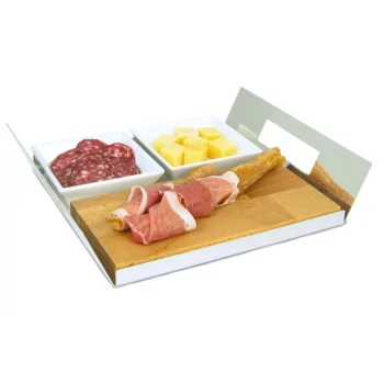 Polished Tray With 2 Porcelain Dishes and 1 Wooden Cutting Board - 28 x 22 cm H: 5 cm