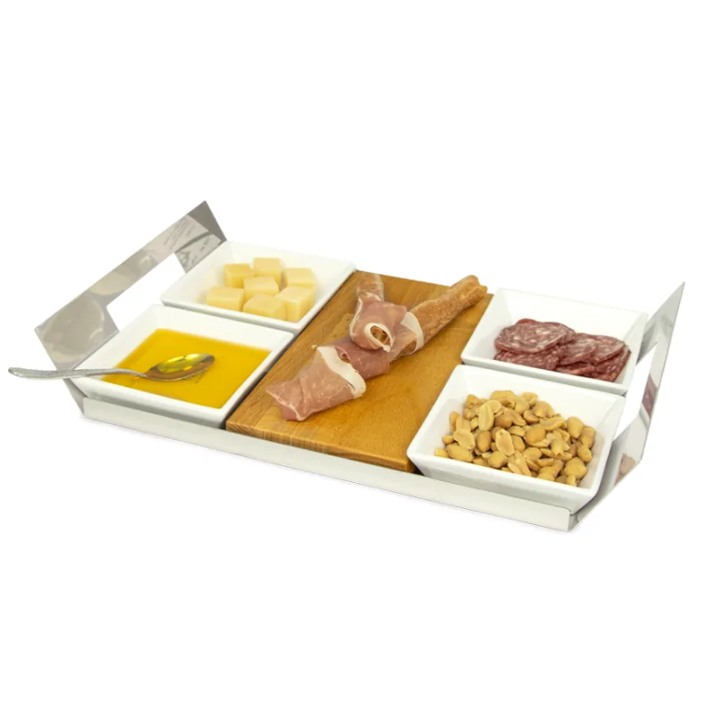 Polished Tray With 4 Porcelain Dishes and 1 Wooden Cutting Board - 34.5 x 22 cm H: 5 cm Polished Tray With 4 Porcelain Dishes and 1 Wooden Cutting Board - 34.5 x 22 cm H: 5 cm