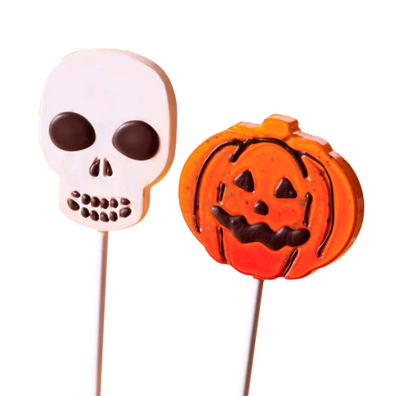 Thermoformed Chocolate Pumpkin and Skull Halloween Lollipop Mold - 8 pcs - 2 Molds Pack Thermoformed Chocolate Pumpkin and Skull Halloween Lollipop Mold - 8 pcs - 2 Molds Pack