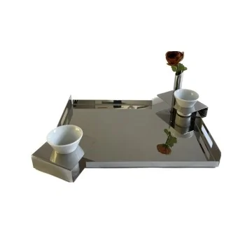 Polished Tray 18/10 Stainless Steel With 2 Ceramic Cups - 52 x 43 cm H: 5 cm