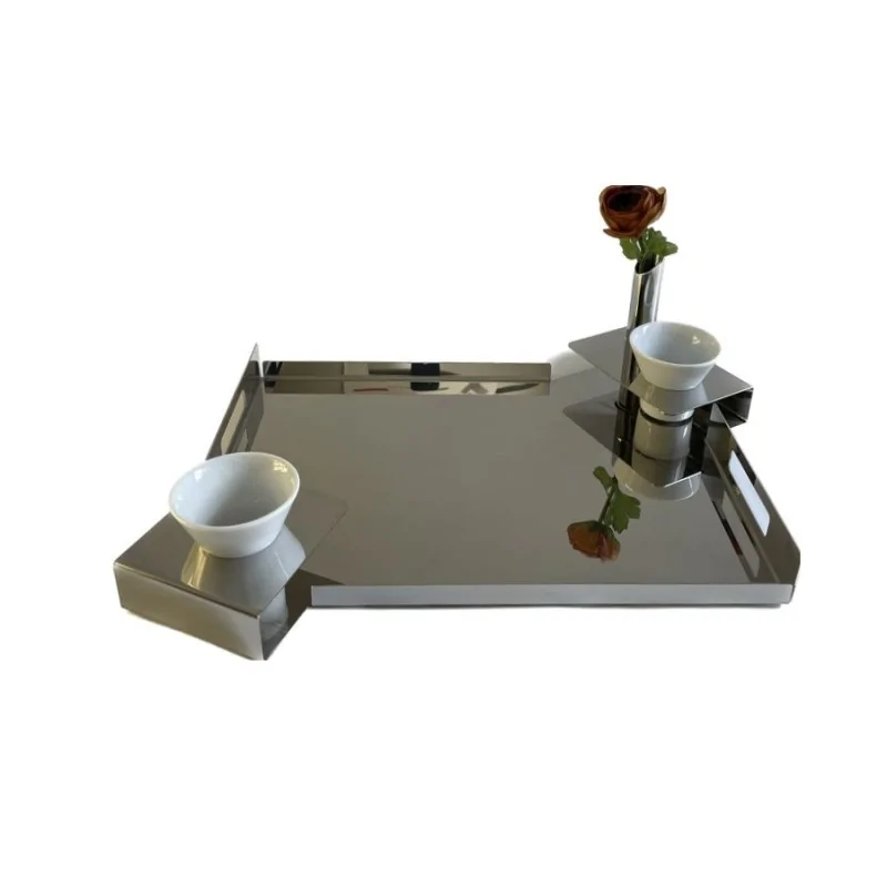 Polished Tray 18/10 Stainless Steel With 2 Ceramic Cups - 52 x 43 cm H: 5 cm