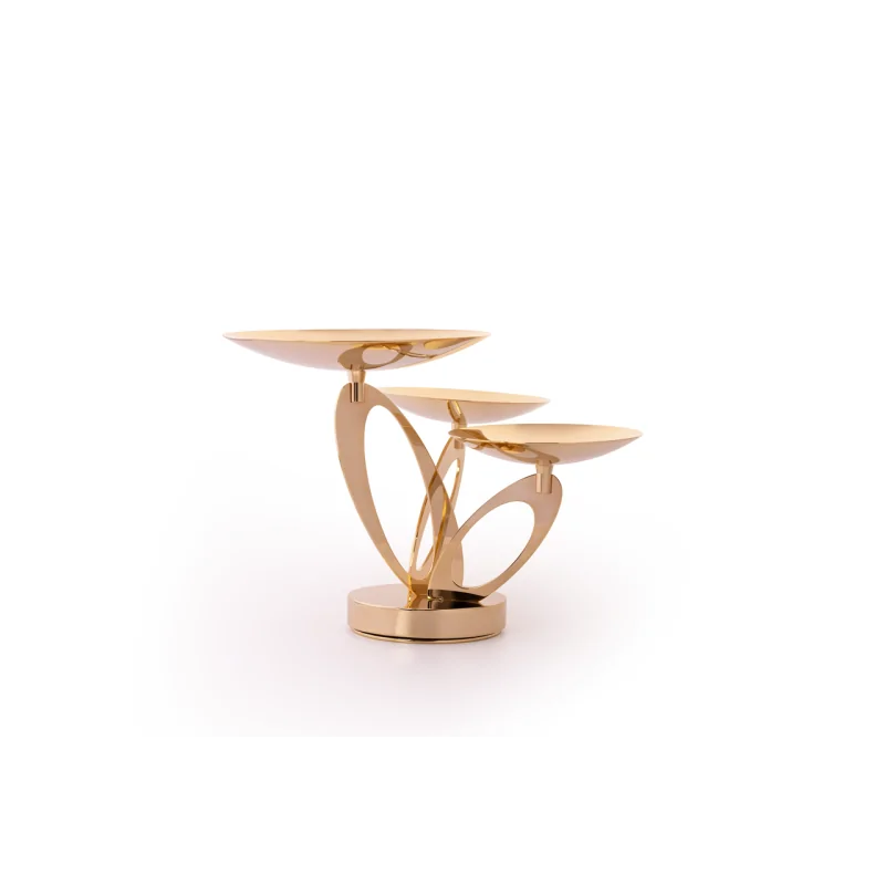 Gold Plated Stand With 3 Rounded Plates (2 Plates Dia: 14 cm & 1 Plate Dia: 20 cm) - Dia: 34 cm H: 20 cm Gold Plated Stand With 3 Rounded Plates (2 Plates Dia: 14 cm & 1 Plate Dia: 20 cm) - Dia: 34 cm H: 20 cm
