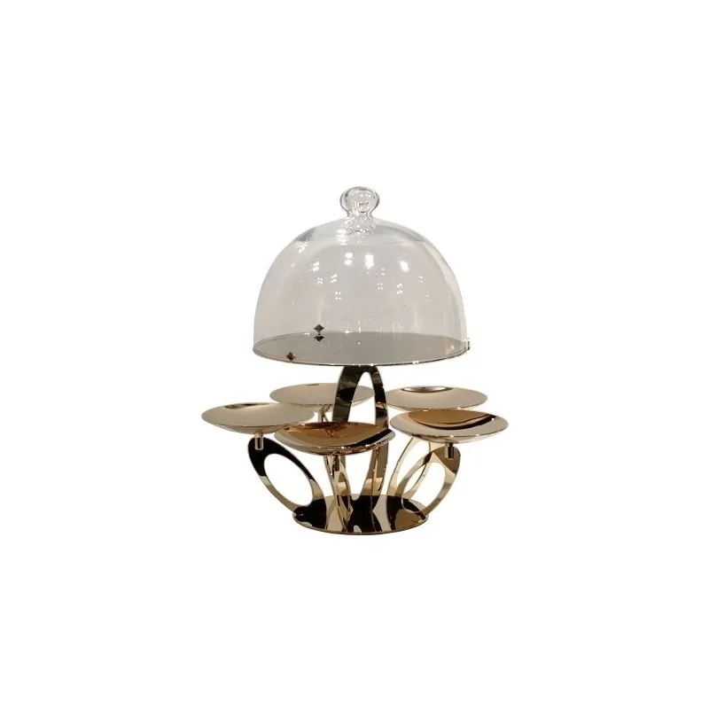 Gold Plated Stand With 5 Cups - Dia: 14 cm and Plate With Glass Dome - Dia: 28 cm - Dia: 40 cm H: 44 cm