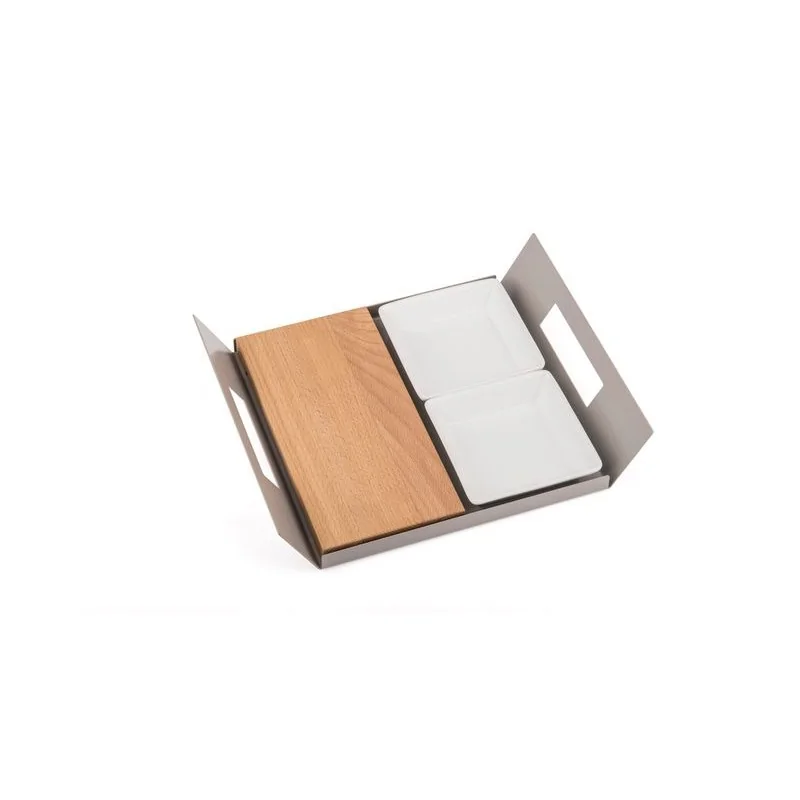 Polished Tray With 2 Porcelain Dishes and 1 Wooden Cutting Board - 28 x 22 cm H: 5 cm Polished Tray With 2 Porcelain Dishes and 1 Wooden Cutting Board - 28 x 22 cm H: 5 cm