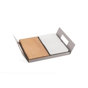 Polished Tray With 2 Porcelain Dishes and 1 Wooden Cutting Board - 28 x 22 cm H: 5 cm
