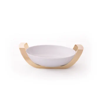 Gold Round Porcelain Dish With Stainless Steel Holder - Dia: 28 H: 6 cm