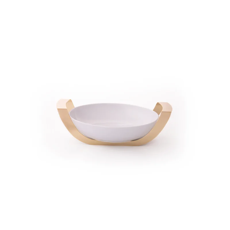 Gold Round Porcelain Dish With Stainless Steel Holder - Dia: 28 H: 6 cm Gold Round Porcelain Dish With Stainless Steel Holder - Dia: 28 H: 6 cm