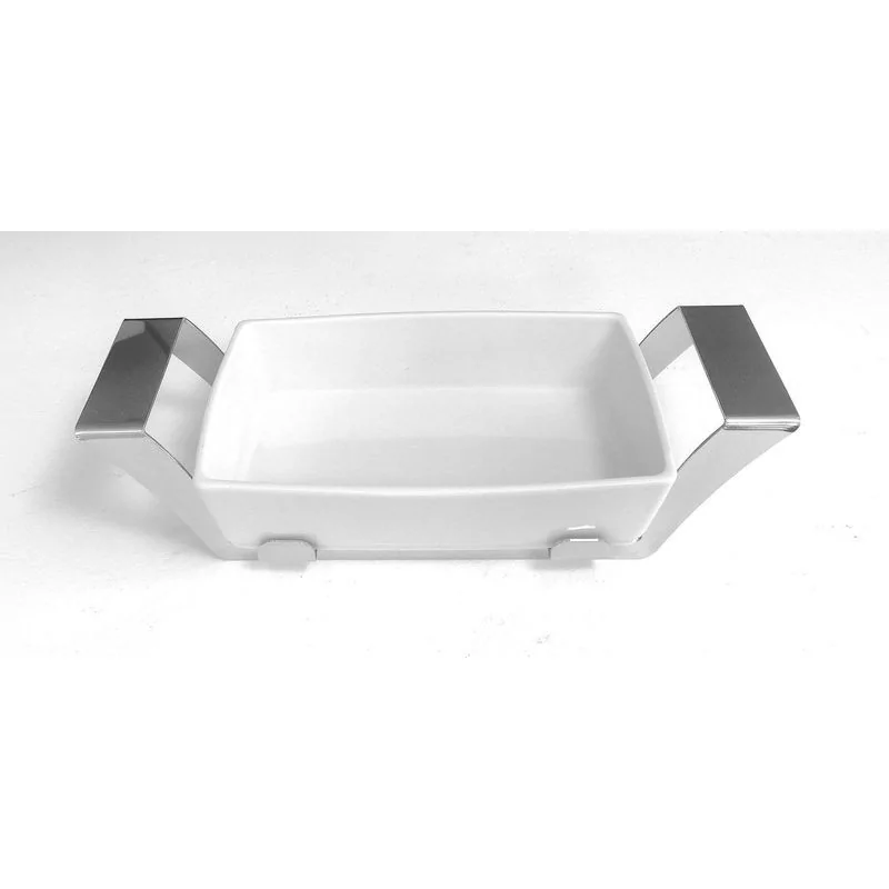Polished Rectangular Porcelain Dish With Stainless Steel Holder - 27 x 17 cm H: 6.8 cm