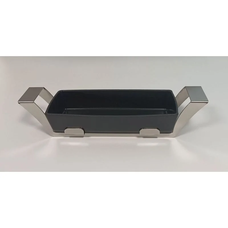 Polished Black Rectangular Porcelain Dish With Stainless Steel Holder - 33 X 15 H: 6.8 cm