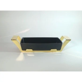 Polished Black Rectangular Porcelain Dish With Stainless Steel Holder - 33 X 19 H: 6.8 cm