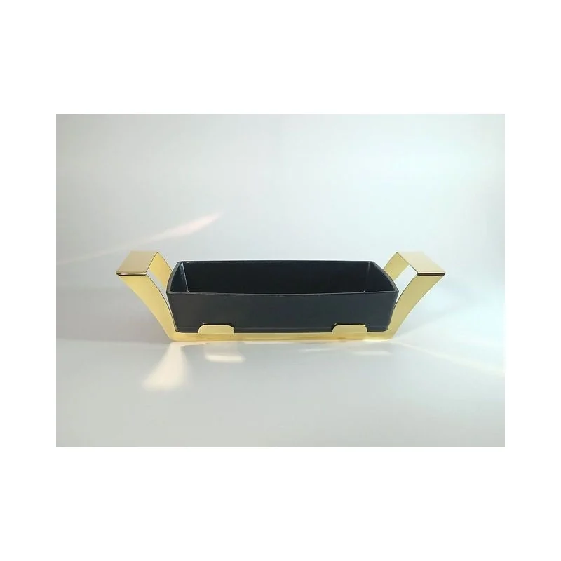 Polished Black Rectangular Porcelain Dish With Stainless Steel Holder - 33 X 19 H: 6.8 cm