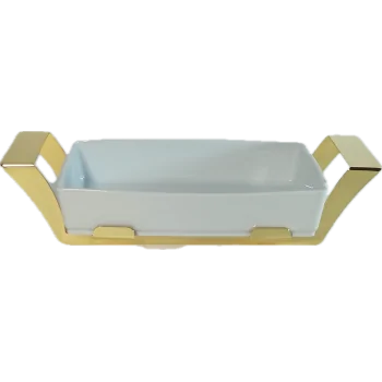 Gold Plated Rectangular Porcelain Dish With Stainless Steel Holder - 33 X 19 H: 6.8 cm