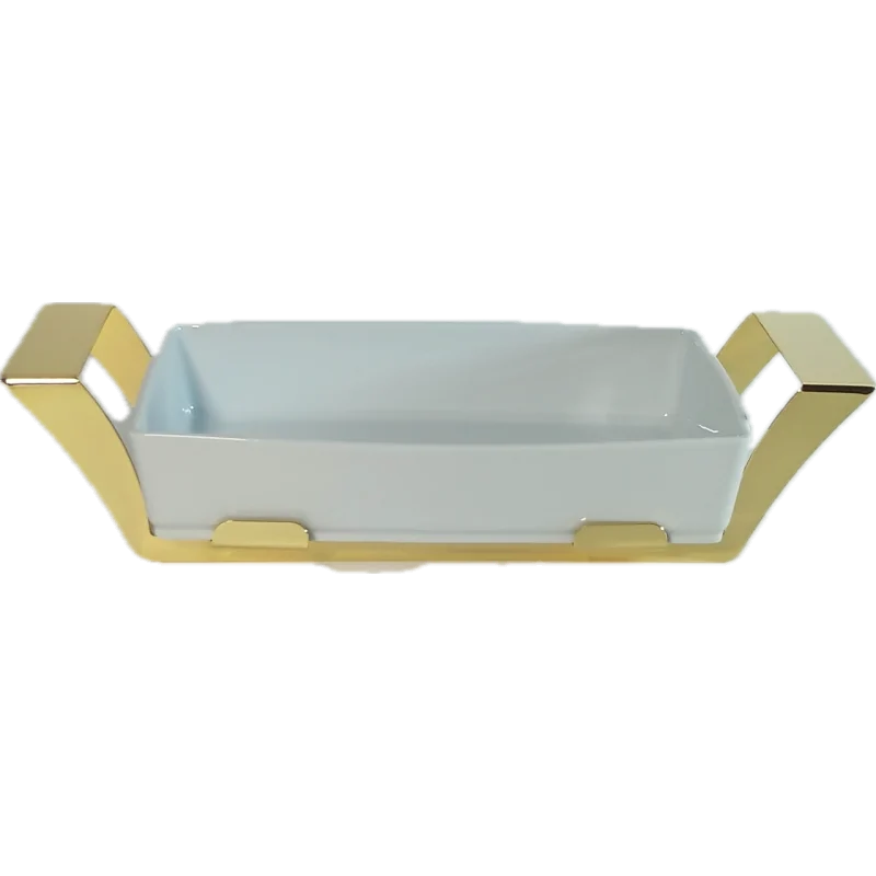 Gold Plated Rectangular Porcelain Dish With Stainless Steel Holder - 33 X 19 H: 6.8 cm