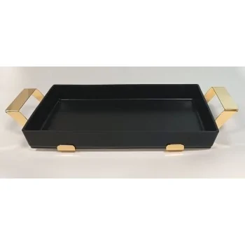 Polished Black Rectangular Porcelain Dish With Stainless Steel Holder - 54 X 33 H: 6.8 cm