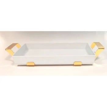 Gold Plated Rectangular Porcelain Dish With Stainless Steel Holder - 54 X 33 H: 6.8 cm