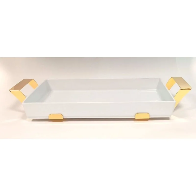 Gold Plated Rectangular Porcelain Dish With Stainless Steel Holder - 54 X 33 H: 6.8 cm Gold Plated Rectangular Porcelain Dish With Stainless Steel Holder - 54 X 33 H: 6.8 cm