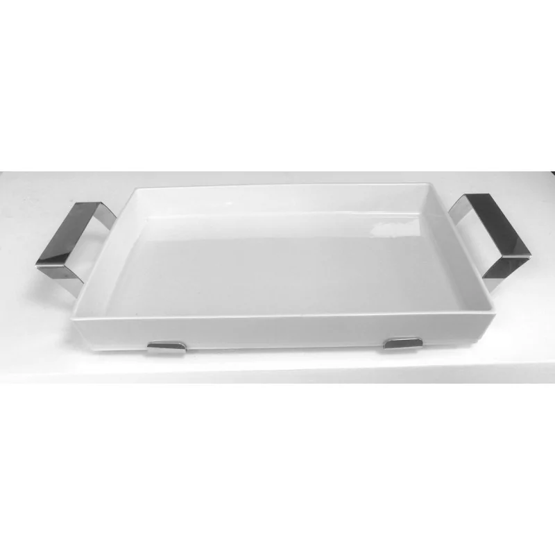 Polished Rectangular Porcelain Dish With Stainless Steel Holder - 54 X 33 H: 6.8 cm