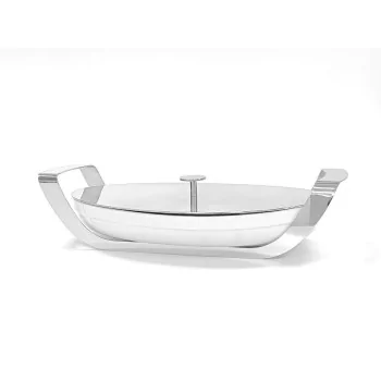 Polished Oval Porcelain Dish With Stainless Steel Holder With Lid - 39 X 23.5 H: 6 cm