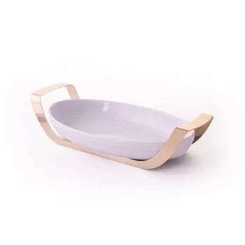 Gold Oval Porcelain Dish With Stainless Steel Holder - 39 X 23.5 H: 6 cm